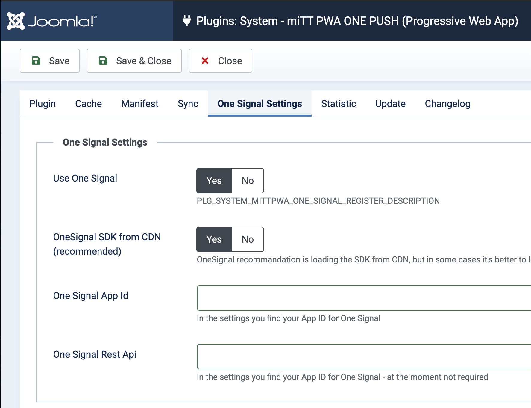 One Signal Appid - miTT PWA ONE PUSH Joomla Plugin