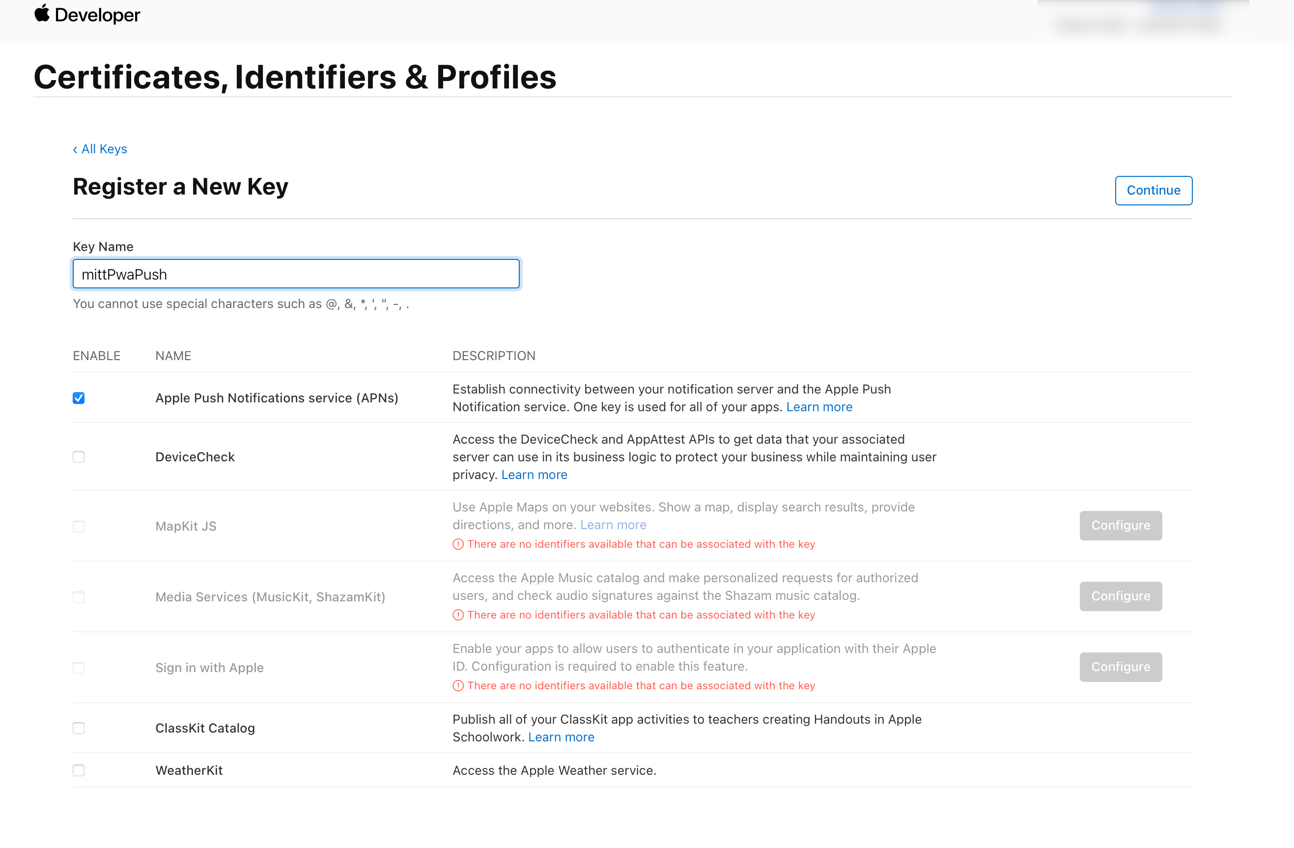 Register APN Key