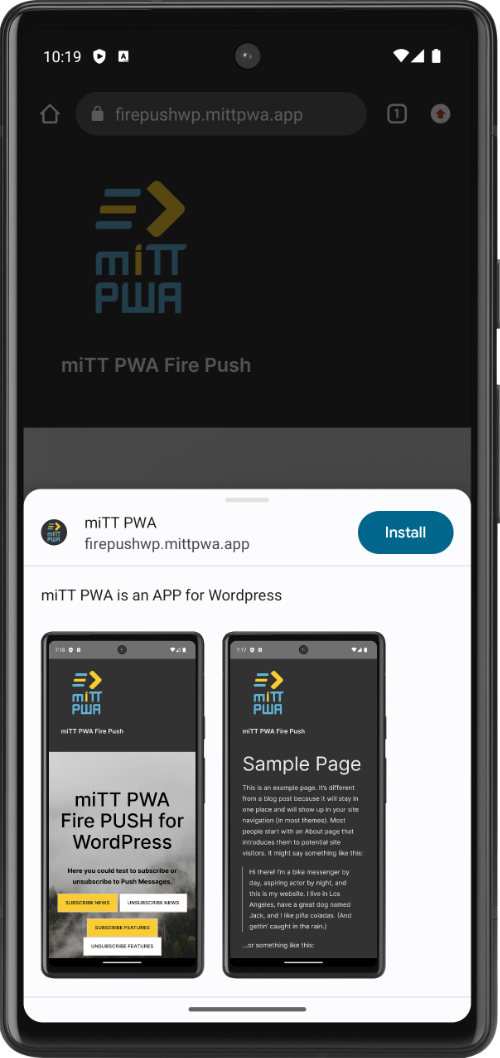 WordPress PWA Installation Prompt Android device with app preview