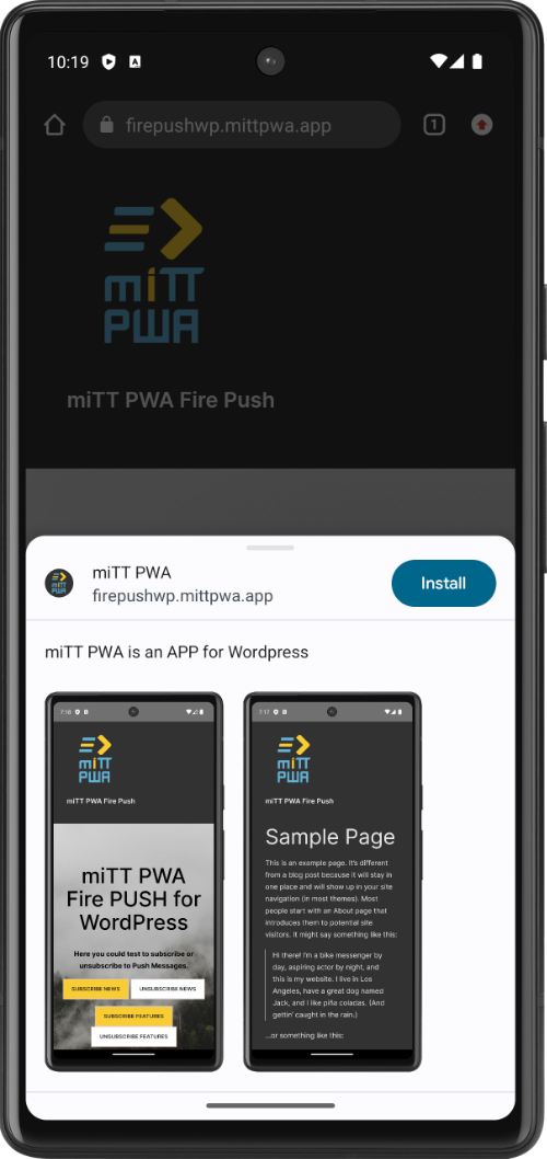 WordPress PWA Installation Prompt Android device mit App Vorschau